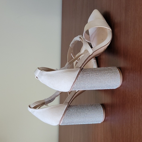💙2xHP💙 Cathy Din Yamka-9 Nude Open-Toe Rhinestone Block Heels 10 - Picture 11 of 16